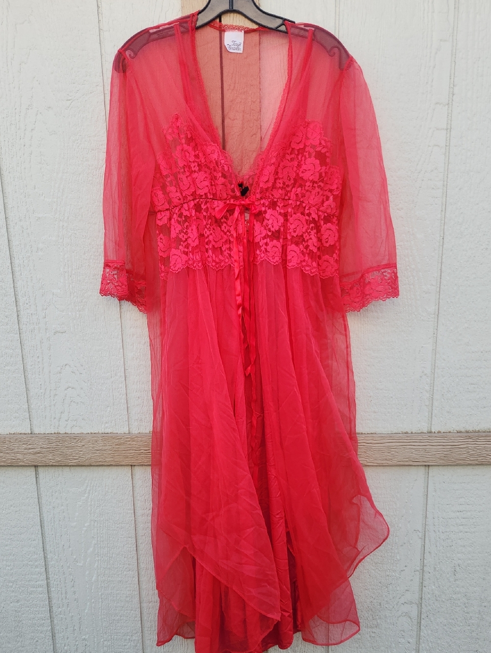 Vintage 60s Taryn Alexander Red Chiffon Lace Peignoir Nightie Set Retro Pinup
